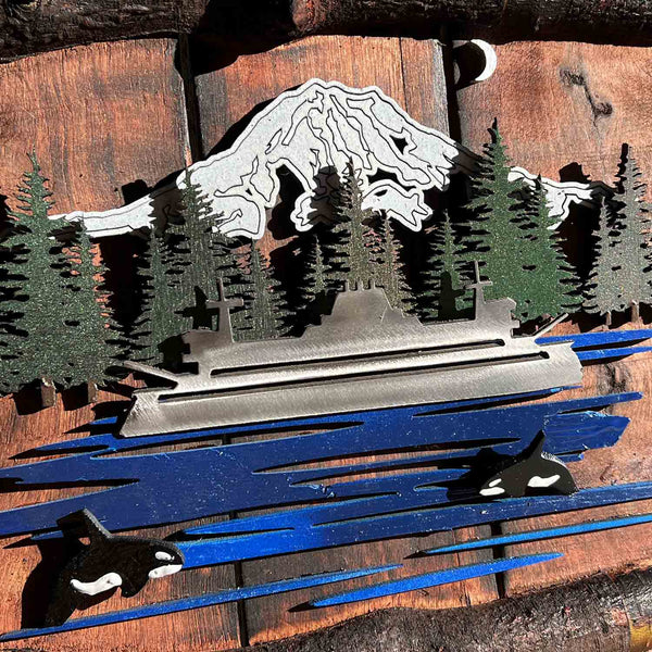 Rainier Ferry with Orcas Metal & Wood Sculpture | Made in WA
