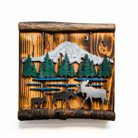 Mt. Rainier Moose Family Metal & Wood Sculpture | Made in WA