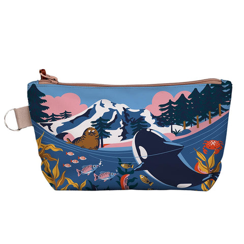 handmadeポーチ⚘お散歩アヒル⚘USAコットン フィードサック 30's Chalo Seattle Underwater Orca Lifestyle Medium Pouch Blue | Made