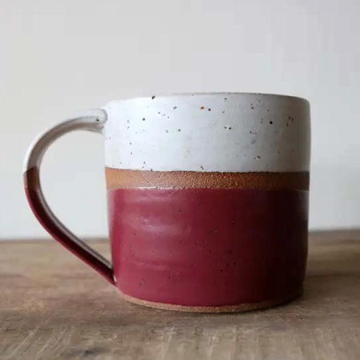 KJ Pottery White and Red Mug Made In Washington Coffee Mugs