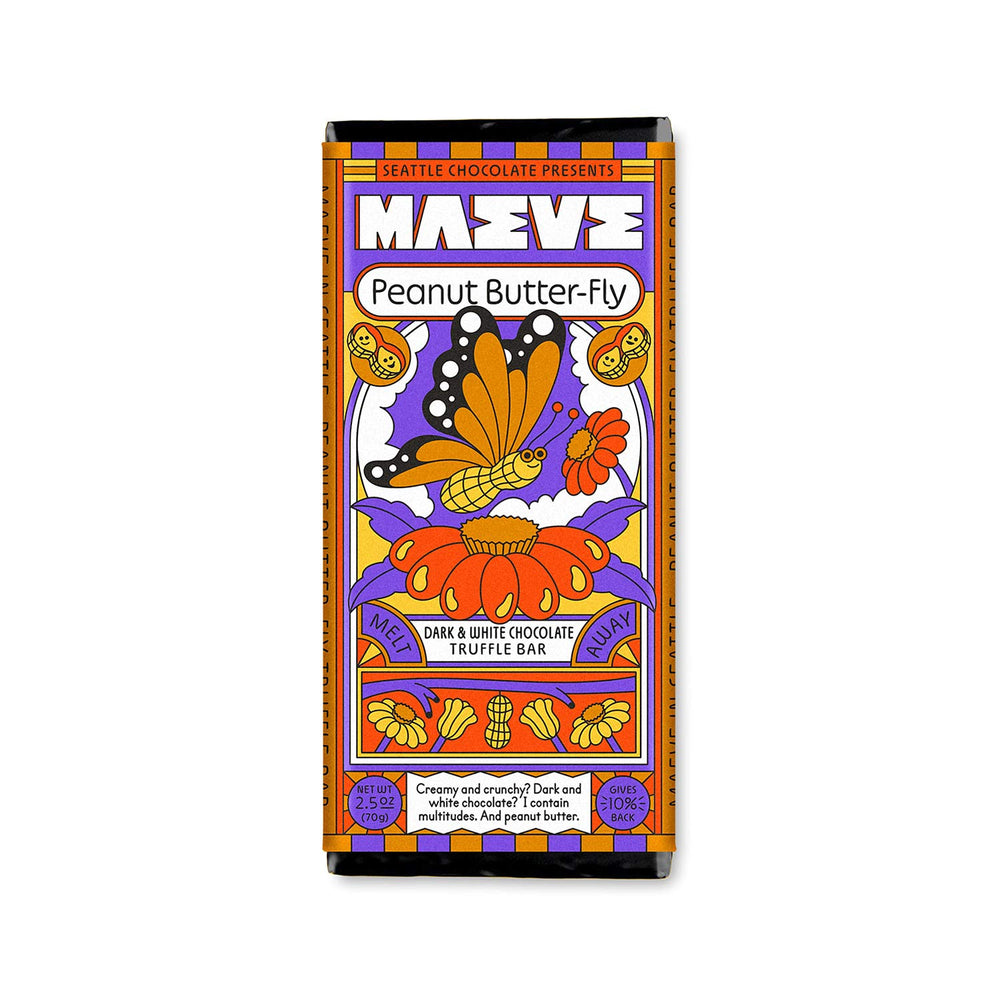 Maeve Gourmet Chocolate Peanut Butter-Fly Truffle Bars | Made In Washington | Seattle Chocolate Crunchy Peanut Butter | Chocolate Gifts | Locally Made Candy Bars