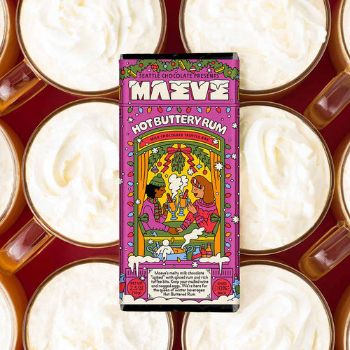 Maeve Chocolate bar packaging with colorful design on a white background | Maeve Chocolate Hot Buttery Rum Truffle Bar | Made In Washington | Local Candy Bars