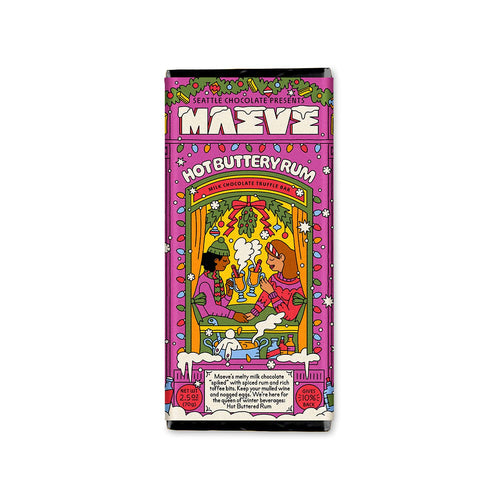 Maeve Chocolate bar packaging with colorful design on a white background | Maeve Chocolate Hot Buttery Rum Truffle Bar | Made In Washington | Local Candy Bars