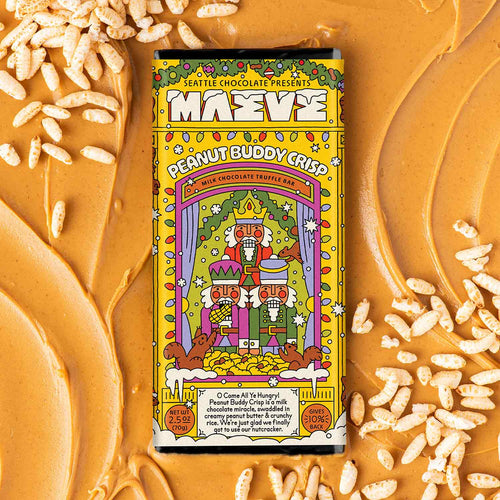Colorful packaging of a chocolate bar with festive design on a white background  | Maeve Seattle Chocolate Peanut Butter Crisp Truffle Bar | Made In Washington | Holiday Chocolate Bars