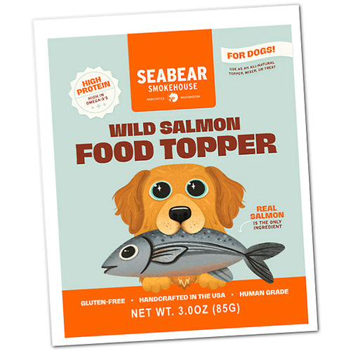 Seabear Smokehouse Wild Salmon Food Topper for dogs packaging with a dog illustration and salmon.