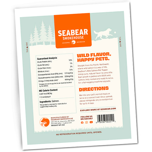 Seabear Smokehouse Wild Salmon Food Topper for dogs packaging with a dog illustration and salmon.