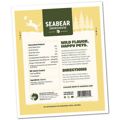 Seabear Smokehouse Wild Salmon Food Topper for cats packaging with a cartoon cat and fish illustration.