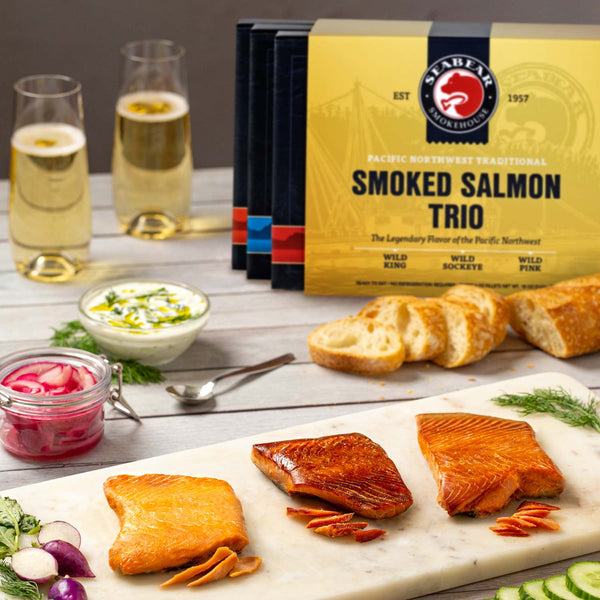SeaBear - Premium Wild Alaskan Smoked Sockeye, Coho, and Pink Salmon Trio -  18oz Box 18 Ounce (Pack
