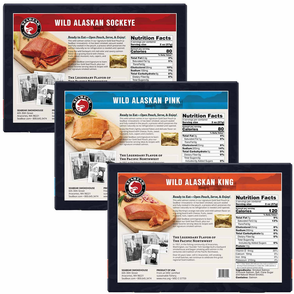 SeaBear Smoked Wild Salmon Trio Gift Box | Made In Washington Gifts | Gifts For Salmon Lovers From The Pacific Northwest.