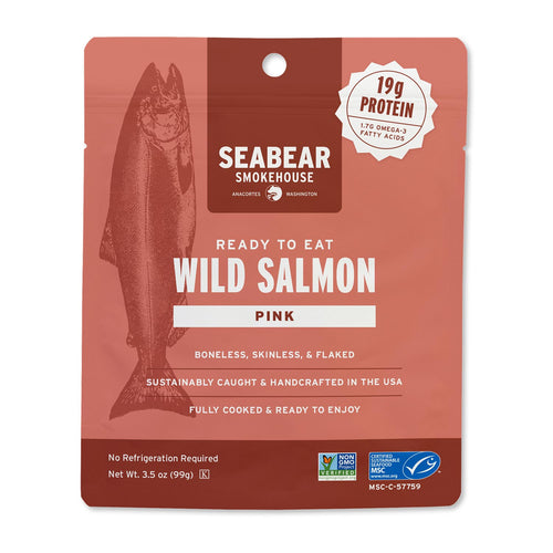 Seabear Smokehouse wild pink salmon package on a white background