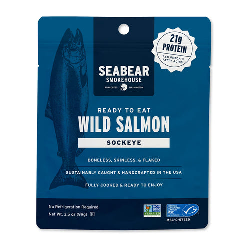 Seabear Smokehouse wild salmon packaging on a white background