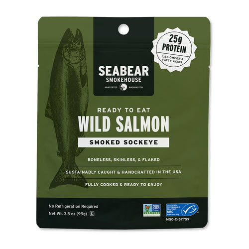 Seabear Smokehouse wild salmon packaging on a white background