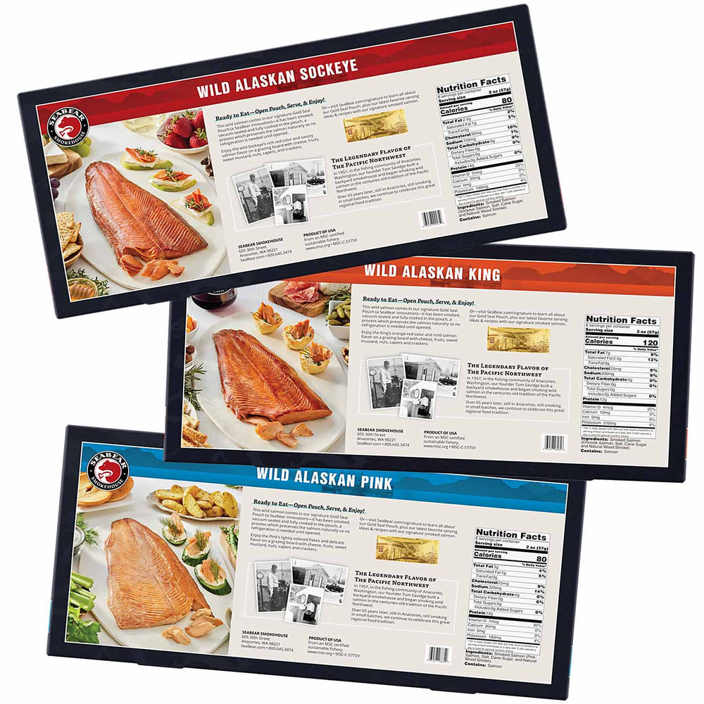 
            
                Load image into Gallery viewer, SeaBear Smoked Wild Salmon Fillet Trio | Made In Washington | Seafood Gifts From The Pacific Northwest | Gifts For Seafood Lovers
            
        