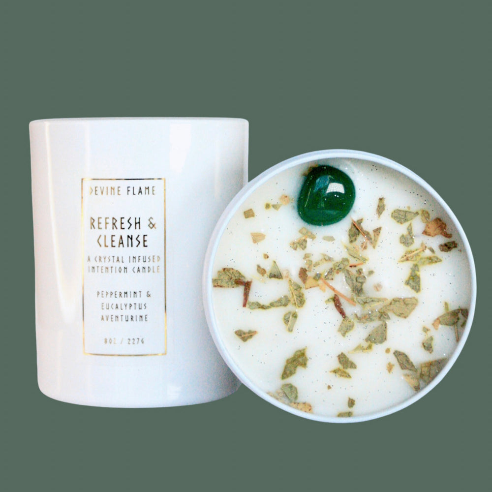 
            
                Load image into Gallery viewer, Devine Flame Refresh &amp;amp; Cleanse Chakra Candle Gift | Made In Washington | Peppermint &amp;amp;  Aventurine Stone  Meditation Candles
            
        