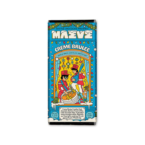 Maeve Creme Brulee chocolate bar packaging on a white background | Maeve Seattle Chocolate Crème Brûlée Crackle Truffle Bar | Made In Washington | Local Chocolate Gifts