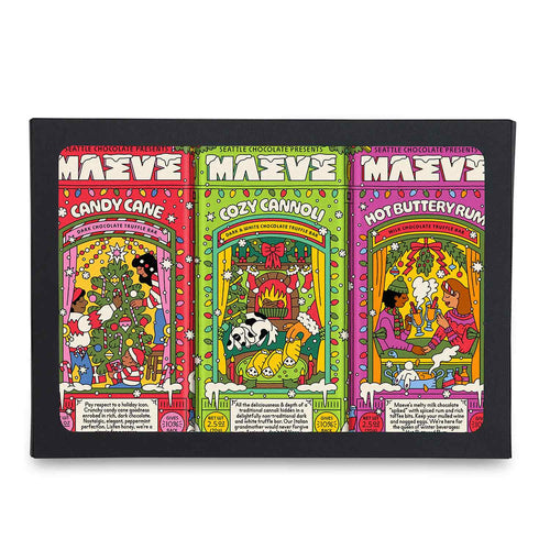 Colorful packaging of Maevé chocolates with Christmas Holiday illustrations on a white background | Maeve Frosted Eaves Chocolate Bars | Seattle Chocolate Seasons Greetings Truffle Bars | Made in Washington | Locally Made Holiday Flavored Chocolate Bars