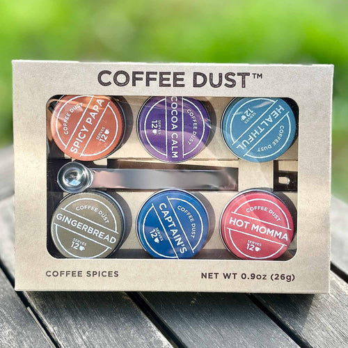 Box of Coffee Dust with six different flavors on a white background | Vashon Island Coffee Dusts | Made In Washington | Coffee Enhancers