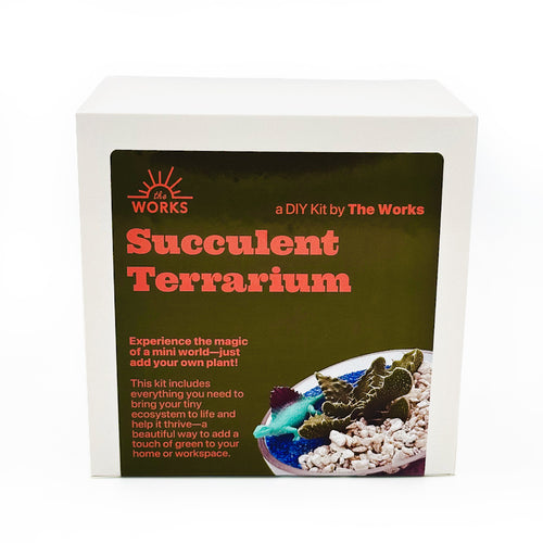 The Works DIY Succulent Terrarium kit box, featuring a white outer box with a dark olive-green front label that reads 'Succulent Terrarium' in coral text and shows a small planted terrarium photo.