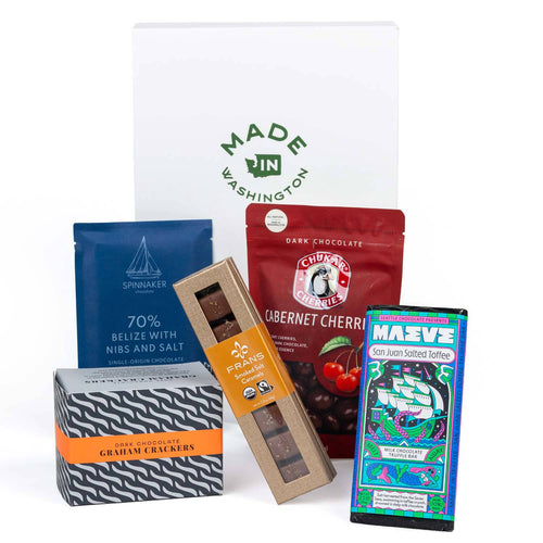 Chocolate Tasting Flight contents displayed in front of a white Made In Washington gift box.