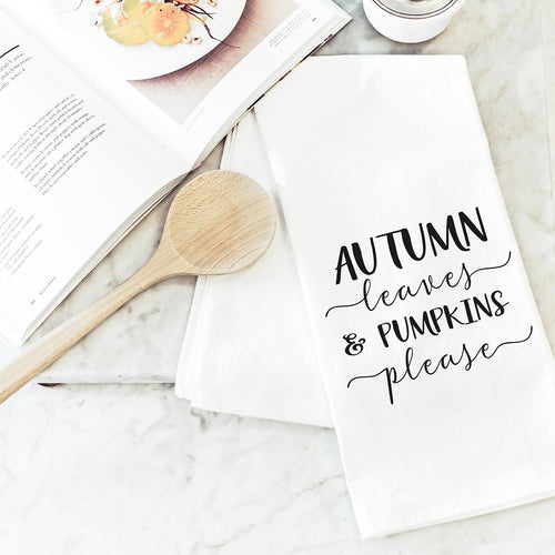 Porter Lane Home Autumn Leaves & Pumpkin Please Kitchen Towel on a white background