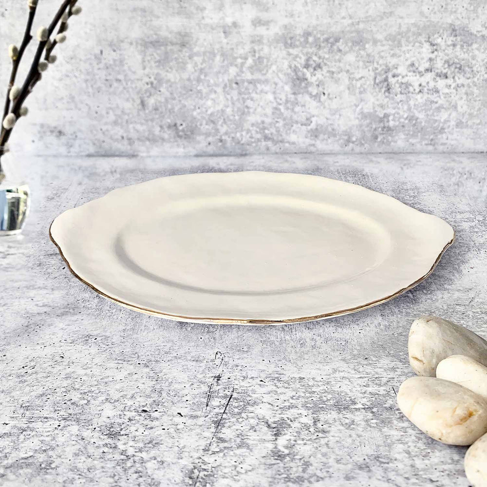 Pottery By Eleni Ellie Medium Platter | Made In Washington | Locally Handmade Serving Platter With Gold Trim