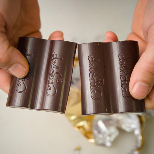 Dolcetta Cookie Dough chocolate bar with packaging on a white background | Dolcetta 60% Dark Chocolate Cookie Dough Bars | Made In Washington | Locally Made Artisan Chocolate Candy Bars | Local Chocolatiers From The Pacific Northwest