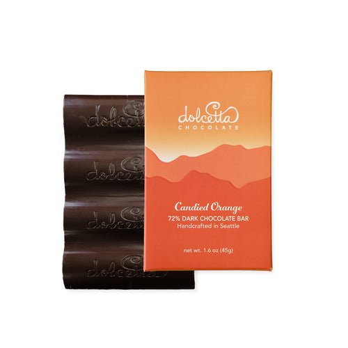 Dolcetta Candied Orange 72% Dark Chocolate Bar packaging on a white background  | Dolcetta 72% Dark Chocolate Candied Orange Chocolate Bars | Made In Washington | Locally Made Candy Bars