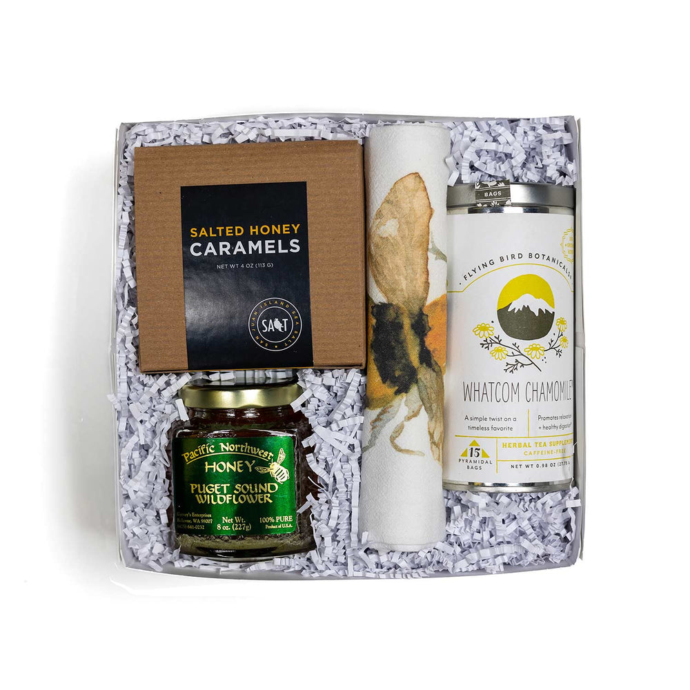 Tea and Honey Gift Set | Made In Washington | Local Gifts For Teatime | Tea, Honey, Caramels & Tea Towel Gift Set