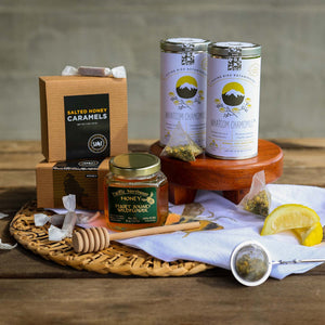 Tea and Honey Gift Set | Made In Washington | Local Gifts For Tea Lovers| Tea, Honey, Caramels & Tea Towel Gift Set