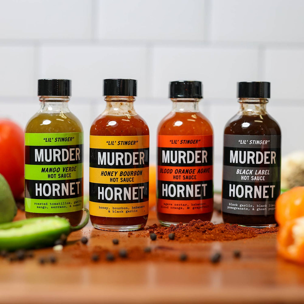 Murder Hornet | Lil' Stingers Hot Sauce 4 Pack | Made In Washington | Little Stingers Variety Pack | Local Made Small Batch Hot Sauce Gifts