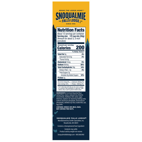 A box of Snoqualmie Falls Lodge Pancake & Waffle Mix, featuring a yellow and navy blue design with an illustration of a waterfall in a forest.