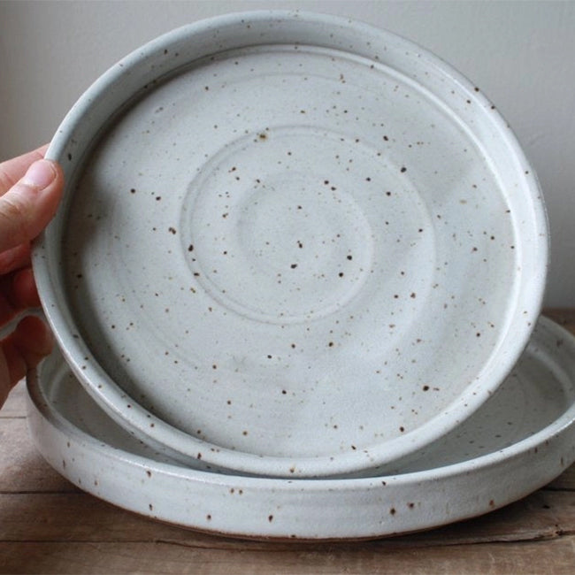 KJ Pottery Dinner Plate Speckled White | Made In Washington | Tall Rim Stoneware Plate | Locally Made In Spokane