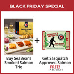 BLACK FRIDAY SPECIAL: Buy SeaBear's Smoked Salmon Trio & Get Sasquatch Approved Salmon FREE!  | Made In Washington | Taste, explore, compare and enjoy Sockeye, King, and Pink Salmon.