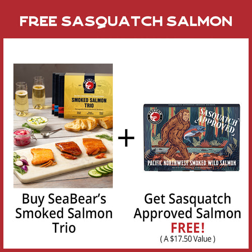 Promotional Offer for SeaBear's Smoked Salmon Trio with Sasquatch Approved Salmon freebie. | Made In Washington  | Special Deal | Buy Local