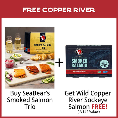 Promotional offer for SeaBear's Smoked Salmon Trio with free Wild Copper River Sockeye Salmon.