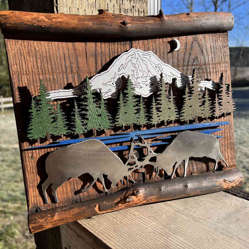 Ole'Cal Customs Rainier Fighting Elk Scene | Made In Washington | Rustic Art From The Pacific Northwest