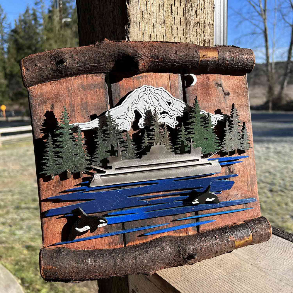 Ole'Cal Custom Creations | Mount Rainier Ferry with Orcas | Made In Washington | Rustic Art | Local Gifts For Cabin Vibe