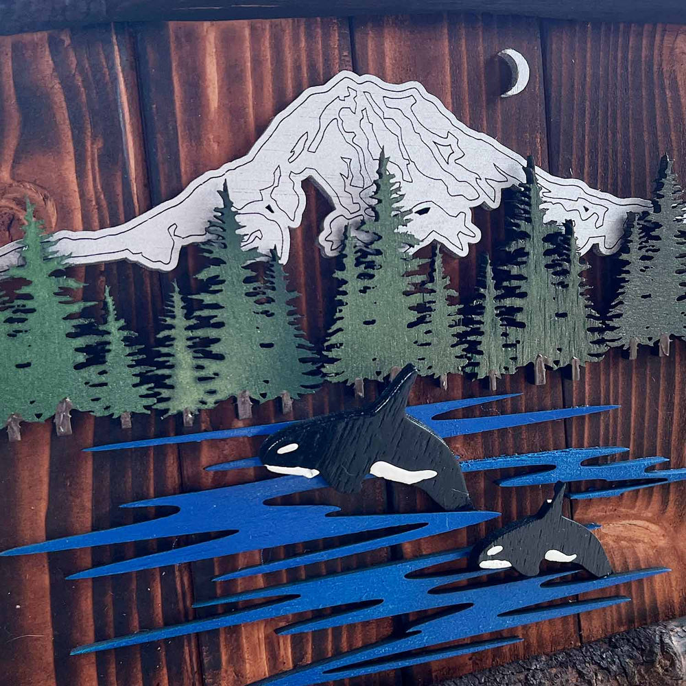 Ole'Cal Custom Creations Mt. Rainier Orca Scene | Made In Washington | Rustic Art From The Pacific Northwest