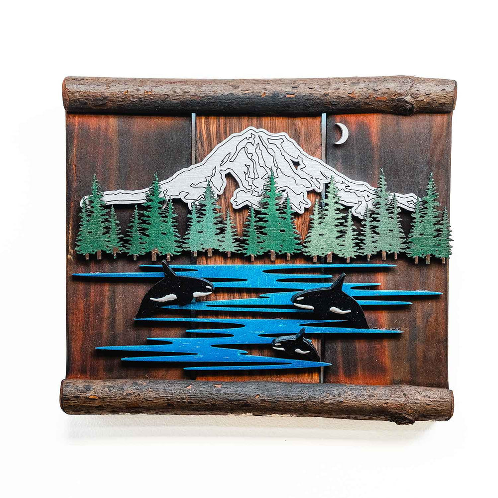 Ole'Cal Custom Creations Mt. Rainier Orca Scene | Made In Washington | Rustic Art Gifts From The Pacific Northwest | Welcome Gifts