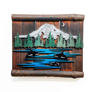 Ole'Cal Custom Creations Mt. Rainier Orca Scene | Made In Washington | Rustic Art Gifts From The Pacific Northwest | Welcome Gifts