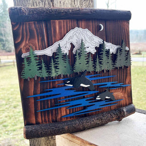 Ole'Cal Custom Creations Mt. Rainier Orca Scene | Made In Washington | Rustic Gifts For Art Lovers |  Local Gifts From The Pacific Northwest