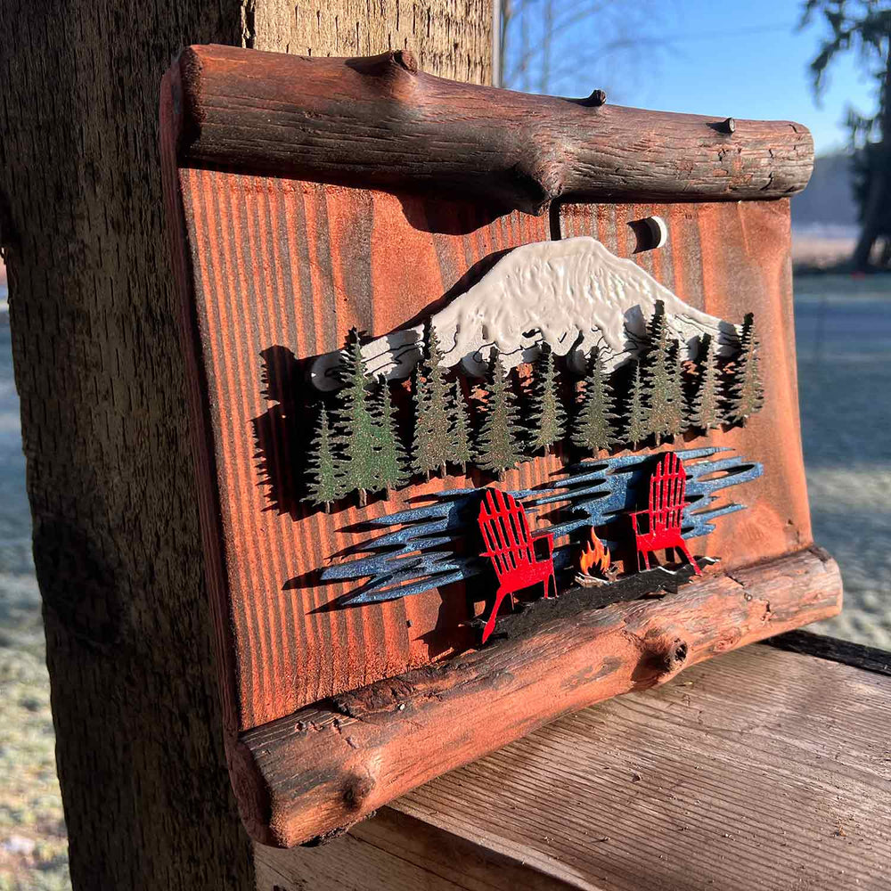 Ole'Cal Customs Mt Adams Chair & Fire Scene | Made In Washington | Rustic Cabin Vibe Art | Gifts from Tulalip