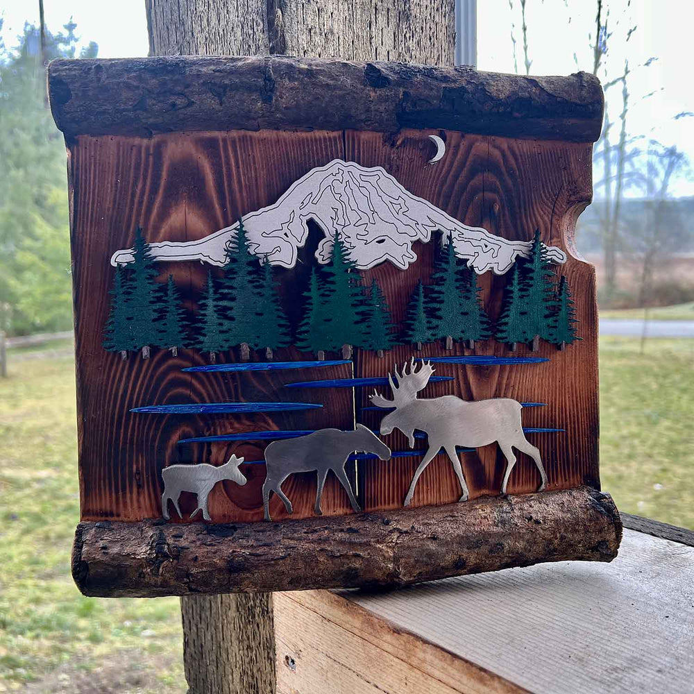 Ole' Cal Custom Creations Mt. Rainier Moose Family | Made In Washington | Rustic Wildlife Art | Wood and Metal  Cabin Vibe Art | Local PNW Gifts