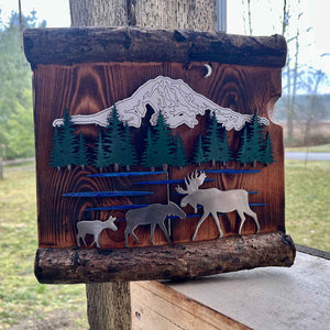 Ole' Cal Custom Creations Mt. Rainier Moose Family | Made In Washington | Rustic Wildlife Art | Wood and Metal  Cabin Vibe Art | Local PNW Gifts