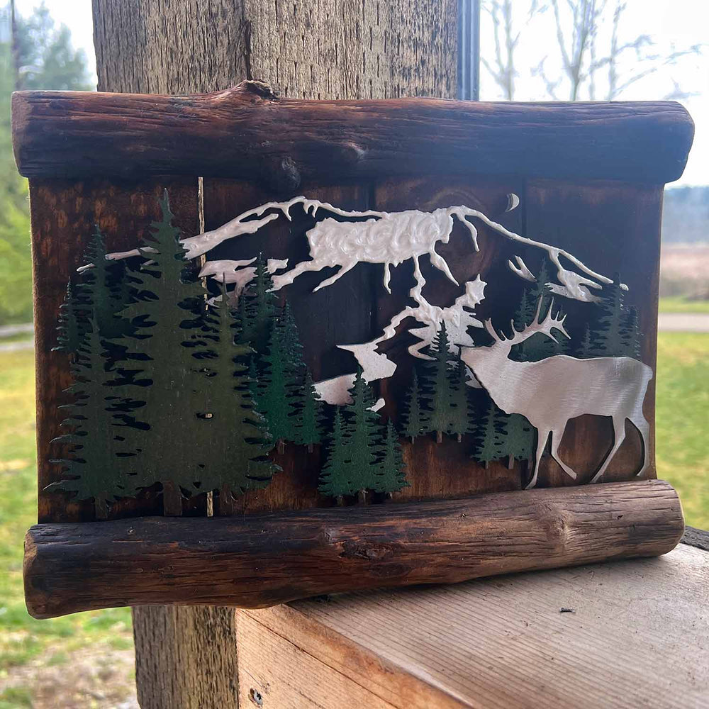 Ole'Cal Customs Mt St Helen’s Elk Scene | Made In Washington | Rustic Wall Plaques From The Pacific Northwest | Art Gifts