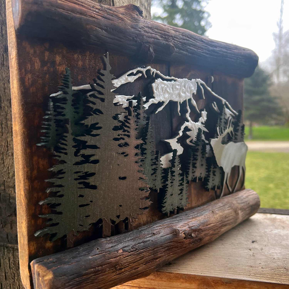 Ole'Cal Customs Mt St Helen’s Elk Scene | Made In Washington | Rustic PNW Cabin Vibe Art | Locally Made Gifts