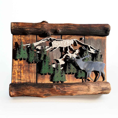 Mt St Helen’s Elk Scene Metal Wood Sculpture