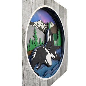 Fred & Garlock Breaching Orcas Shadow Box | Made In Washington | 3-D Payer Art | Home Décor Wall Art | Whale Gifts From The Pacific Northwest