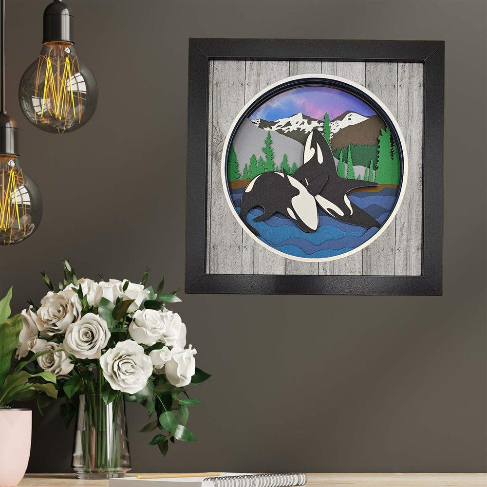 Fred & Garlock Breaching Orcas Shadow Box | Made In Washington | 3-D Payer Art | Home Décor Wall Art From The Pacific Northwest