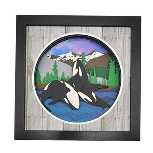 Fred & Garlock Breaching Orcas Shadow Box | Made In Washington | 3-D Payer Art | Home Décor Wall Art From The Pacific Northwest | Orca Lover Gifts